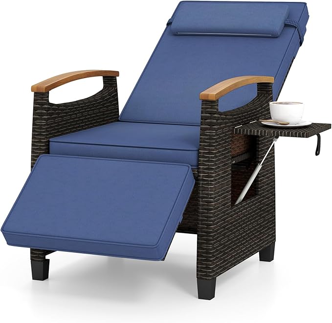 LDAILY Moccha Wicker Outdoor Recliner Chair - Rattan Lounge Chair with Adjustable Backrest & Footrest, Flip Side Table, Cushion, Push Back Reclining Seat for Pool Yard Patio Porch Balcony (Navy)