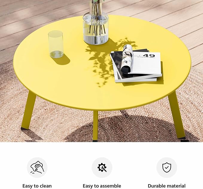 LAUSAINT HOME Patio Round Coffee Table, 27.6” Weather Resistant Heavy Duty Outdoor Metal Patio Side End Table with Square Foot for Outside Deck, Porch, Garden, Yellow