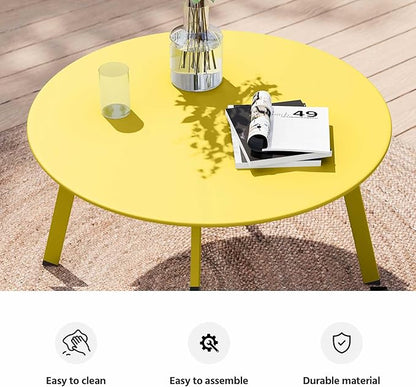 LAUSAINT HOME Patio Round Coffee Table, 27.6” Weather Resistant Heavy Duty Outdoor Metal Patio Side End Table with Square Foot for Outside Deck, Porch, Garden, Yellow