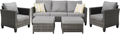 ovios Patio Furniture Set, 5 Pieces Outdoor Wicker Sofa Couch with Ottomans Comfy Cushions, All Weather High Back Rattan Conversation Set for Backyard Porch, Dark Grey