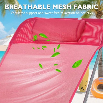 3-in-1 Heavy Duty Tanning Chair with Face Hole Adjustable 5-Position Folding Chaise Lounge Chairs Portable Lay Flat Beach Lounge Chair for Outdoor Sunbathing Patio Pool Lawn Camping Deck (Pink 2)