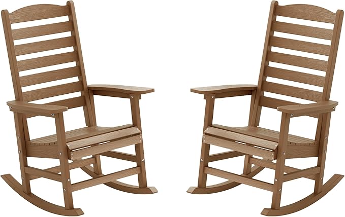 YEFU Outdoor Rocking Chair Set of 2,Poly Porch Rocker with Curved Backrest,All Weather Patio Rocking Chair,Like Real Wood,for Indoor,Lawn, Backyard,Garden,Heavy Duty,Weight Capacity 380lbs(Teak)