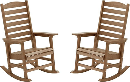 YEFU Outdoor Rocking Chair Set of 2,Poly Porch Rocker with Curved Backrest,All Weather Patio Rocking Chair,Like Real Wood,for Indoor,Lawn, Backyard,Garden,Heavy Duty,Weight Capacity 380lbs(Teak)