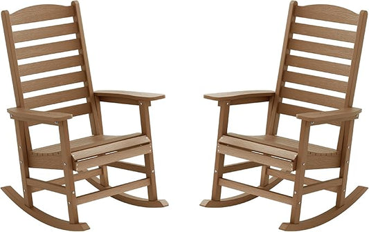 YEFU Outdoor Rocking Chair Set of 2,Poly Porch Rocker with Curved Backrest,All Weather Patio Rocking Chair,Like Real Wood,for Indoor,Lawn, Backyard,Garden,Heavy Duty,Weight Capacity 380lbs(Teak)