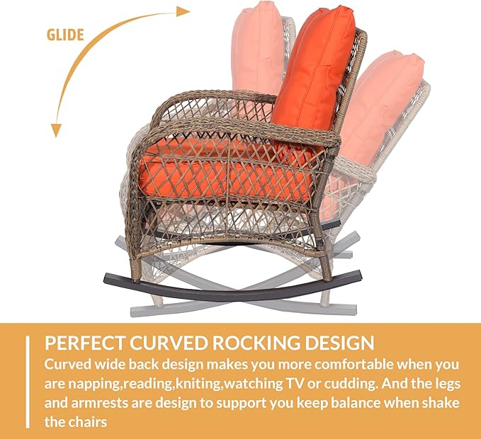 Outdoor Wicker Rocking Chair with Thickened Cushions, All-Weather Rattan Patio Rocking Chairs - Photo 3