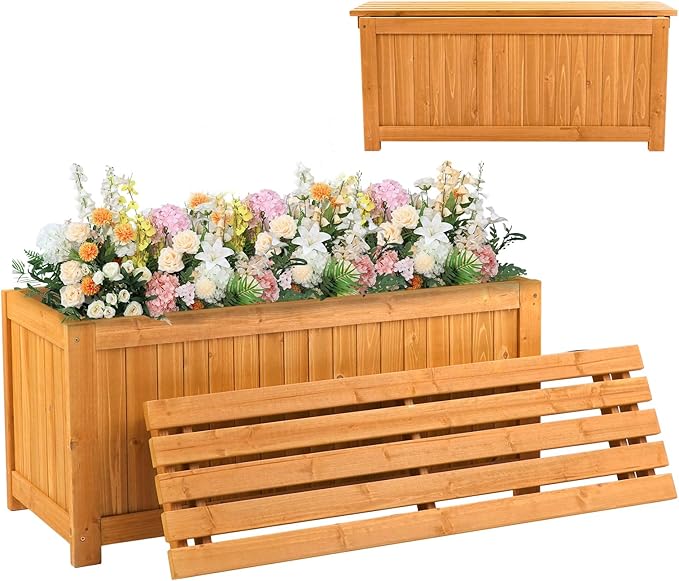 VINGLI Outdoor Wood Bench with Planter Boxes, 2-in-1 All-Weather Porch Bench Seat ＆ Open-Ended Wooden Raised Garden Bed, for Balcony Yard Patio (Rectangle)