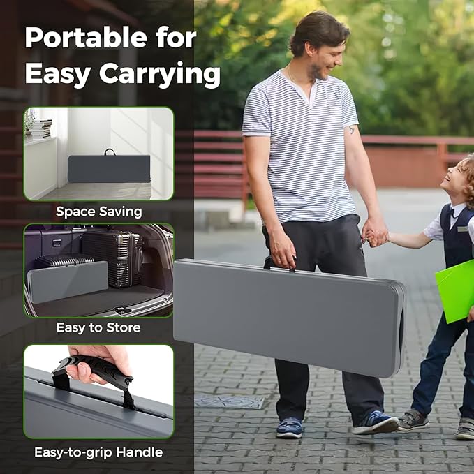 Giantex 6 FT Plastic Folding Bench, HDPE Portable Seat w/Metal Legs, Fold-in-Half Outdoor Bench for Picnic, Garden, Camping, Party Sport Events, 1320 lbs Capacity, No Assembly (1, Gray)