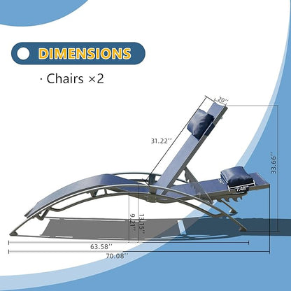 Domi Pool Lounge Chairs Set of 2, Aluminum Adjustable Outdoor Chaise Lounge, All Weather Poolside Chairs for Deck Lawn Poolside, Textilene (Navy Blue)
