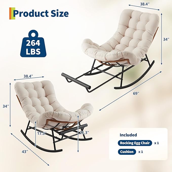 Outdoor Rocking Chair with Footrest, Oversized Patio Papasan Chairs with Cushion, Modern Lounge Rocker Chair for Indoor Living Room Garden Porch Balcony, Beige