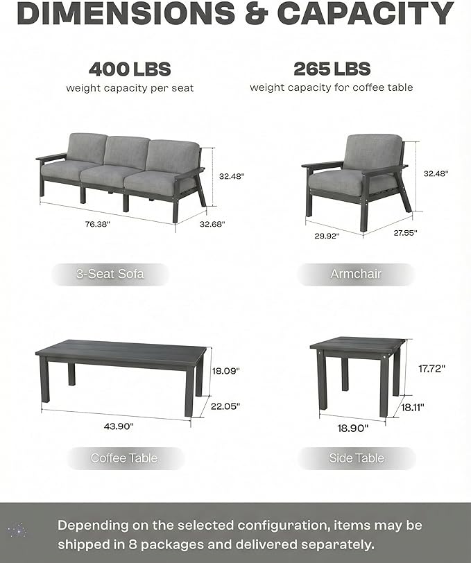 HDPE 5 Piece Patio Furniture Set, Outdoor Couch with Washable Thick Gray Cushions & Coffee Table & Side Table, Outdoor Sectional Furniture for Backyard, Deck, Lawn, Porch (Gray Frame)