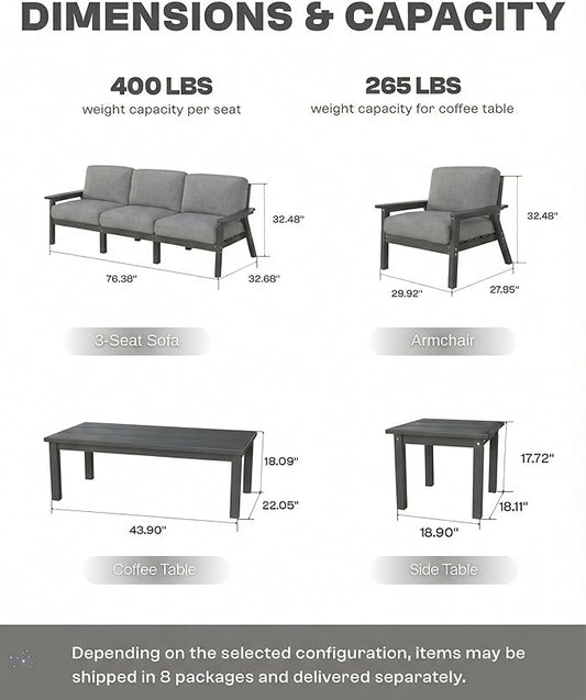 HDPE 5 Piece Patio Furniture Set, Outdoor Couch with Washable Thick Gray Cushions & Coffee Table & Side Table, Outdoor Sectional Furniture for Backyard, Deck, Lawn, Porch (Gray Frame)