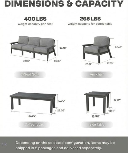 HDPE Patio Furniture Set 4 Seats, Outdoor Couch with Washable Thick Gray Cushions & Coffee Table & Side Table, Outdoor Sectional Furniture for Backyard, Deck, Lawn, Porch (Gray Frame)