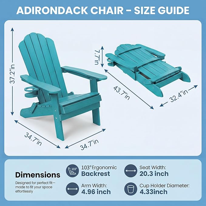 JEKO&JEKO Folding Adirondack Chairs Set of 2, All-Weather Outdoor Chair with Cup Holder, Plastic Adirondack Chair for Patio, Garden, Lawn, Porch, Deck, Backyard – Aruba Blue