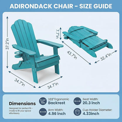 JEKO&JEKO Folding Adirondack Chair, All-Weather Outdoor Chair with Cup Holder, Plastic Adirondack Chair for Patio, Garden, Lawn, Porch, Deck, Backyard – Aruba Blue