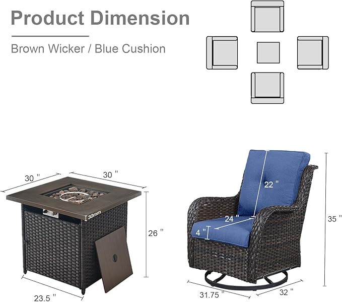 Belord Patio Furniture Set with Fire Pit Table, Outdoor Swivel Rocker Patio Chairs, Wicker Furniture Set Ideal for Porch - Photo 2