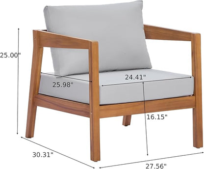Merax 2 Set 25" Acacia Solid Wood Outdoor Lounge Chair, Teak Finish Frame with Light Grey Cushion, Patio & Garden Chair, Teak+Light Grey