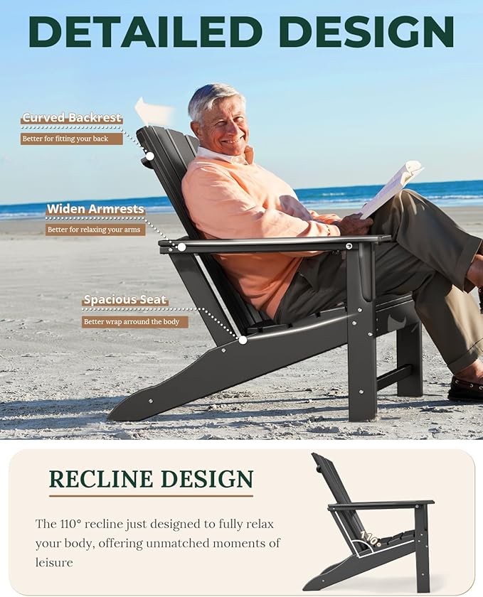 BRIOPAWS Adirondack-Chairs-Set of 4 | Black | Fire Pit Chair | Oversized | HDPE Plastic | All Weather | for Deck Outdoor Poolside Campfire