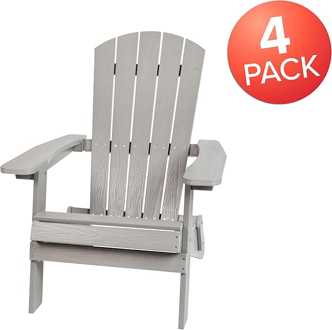 Flash Furniture Charlestown Folding Adirondack Chair - Gray - Poly Resin - Indoor/Outdoor - Weather Resistant - Set of 4
