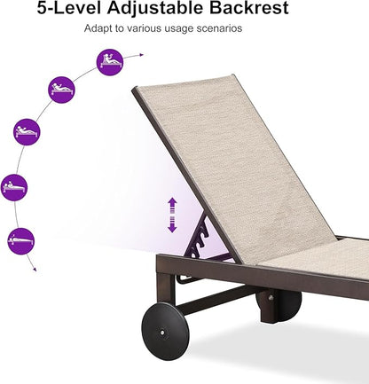 PURPLE LEAF Outdoor Chaise Lounge Chair Set of 2, Pool Lounge Chairs for Outside, Aluminum Patio Chaise Loungers with Adjustable Backrest and Wheels for Deck, Lawn, Garden, Beige