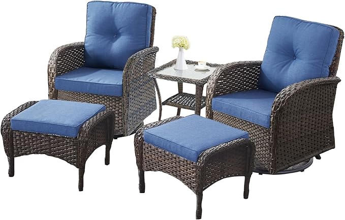 5 Pieces Outdoor Wicker Patio Furniture Set-High Back Outdoor Rocking Chairs Set of 2 with Ottoman Patio Conversation - Photo 3
