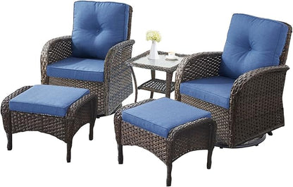 5 Pieces Outdoor Wicker Patio Furniture Set-High Back Outdoor Rocking Chairs Set of 2 with Ottoman Patio Conversation Sets for Deck Lawn Porch Balcony Poolside-Brown/Blue