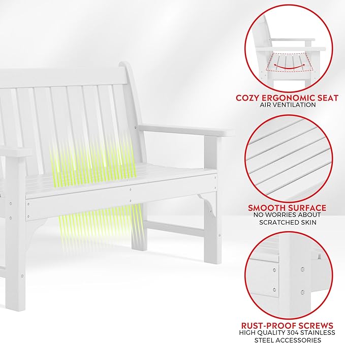 Costaelm Garden Bench, Farmhouse Park Front Porch for Entryway Bench Outdoor Seating Low Bench Patio Bench Outside/Indoor, White