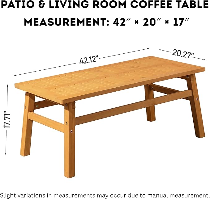42" Cedar Wood Coffee Table, Solid Wood Farmhouse Patio Side Table, Slatted Accent Table for Garden, Deck, Lawn - Photo 3