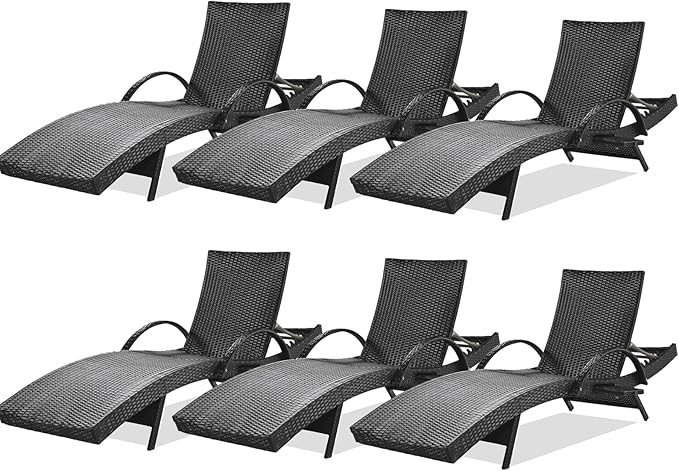 80'' Outdoor Wicker Chaise Lounge Chairs Set of 6, Patio Rattan Reclining Chair with Pull-Out Side Table - Photo 1