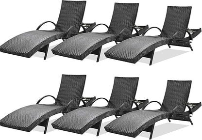 80'' Outdoor Wicker Chaise Lounge Chairs Set of 6, Patio Rattan Reclining Chair with Pull-Out Side Table, Adjustable Backrest for Beach, Poolside, Garden, Backyard, Black