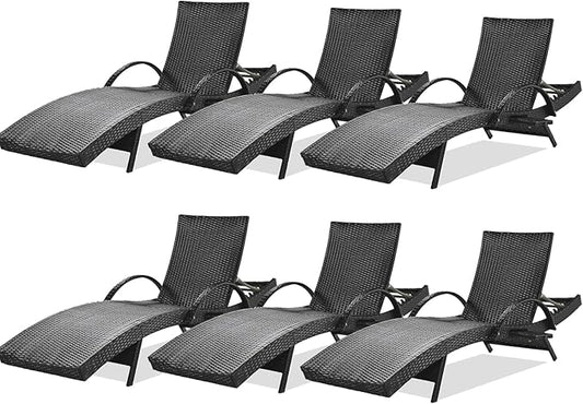 80'' Outdoor Wicker Chaise Lounge Chairs Set of 6, Patio Rattan Reclining Chair with Pull-Out Side Table, Adjustable Backrest for Beach, Poolside, Garden, Backyard, Black