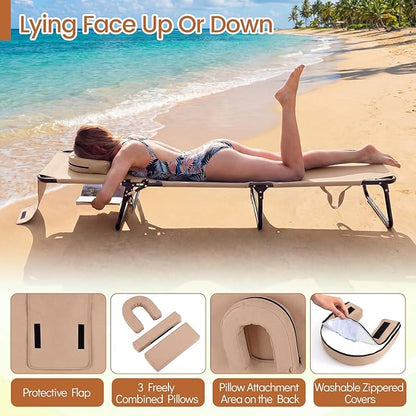 COSTWAY Tanning Chair with Face Hole, Pillows & Adjustable Backrest, Portable with Carrying Bag, Folding Beach Chaise Lounge for Sunbathing, Seaside (2, Beige)
