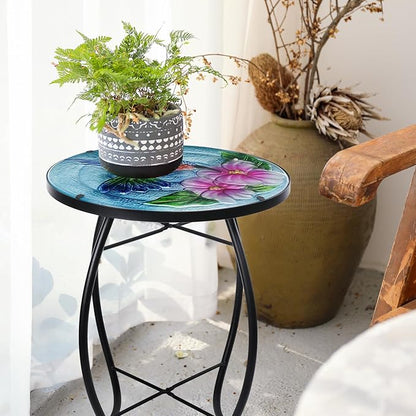 VCUTEKA Patio Side Table Outdoor Accent Table Small Mosaic Table Coffee Table End Table Porch Indoor Outdoor Round Glass Balcony Bistro Hummingbird Flowers 14 inches