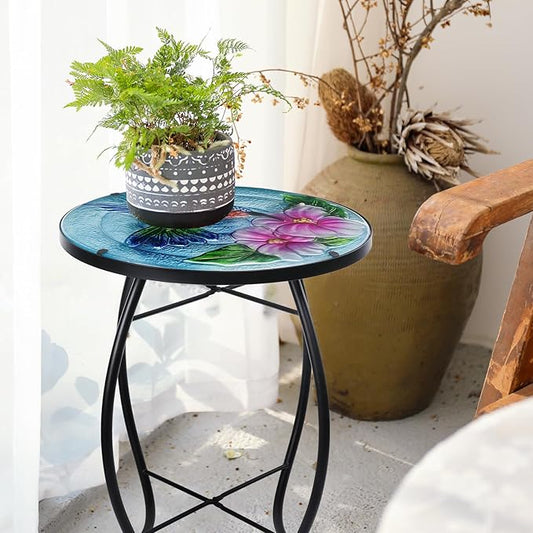 VCUTEKA Patio Side Table Outdoor Accent Table Small Mosaic Table Coffee Table End Table Porch Indoor Outdoor Round Glass Balcony Bistro Hummingbird Flowers 14 inches