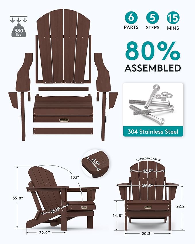 SERWALL Adirondack Chair Set of 8, Weather Resistant Patio Chair with Cup Holder for Patio Garden (Folding Coffee)