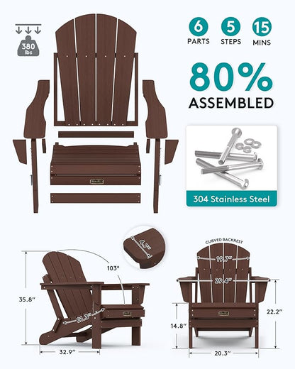 SERWALL Adirondack Chair Set of 8, Weather Resistant Patio Chair with Cup Holder for Patio Garden (Folding Coffee)