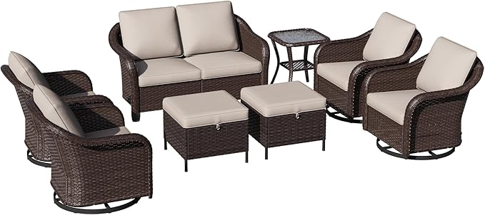 8 Piece Patio Wicker Conversation Set, All-Weather Use Outdoor Wicker Loveseat with 2 PE Rattan Ottomans, 4 Swivel Chair - Photo 8