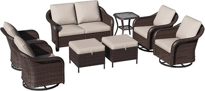8 Piece Patio Wicker Conversation Set, All-Weather Use Outdoor Wicker Loveseat with 2 PE Rattan Ottomans,4 Swivel Chair, 1 Side Table, Ideal for Porch, Backyard, Balcony, Poolside, Beige