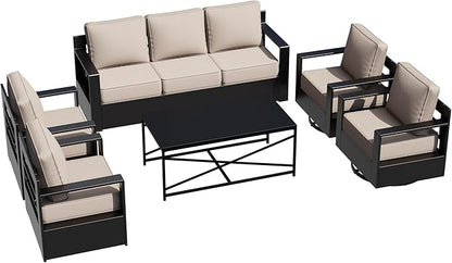 Outdoor Aluminum Furniture Set, 6-Piece Patio Conversation Set, 2 Swivel Chairs, 2 Chairs,1 Sofa and 1 Table, All-Weather Metal Frame, 6" Thick Removable Cushions, Deep Setting for Garden, Porch