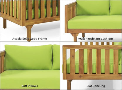 Merax Outdoor 3 Seater Daybed, Acacia Wood Day Bed Couch Sofa with Cushions for Patio Backyard, Garden, Green