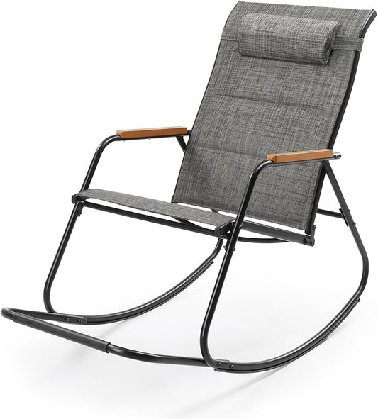 VINGLI Outdoor Rocking Chair, 450lbs Capacity Portable Outdoor Rocker with Footrest, Hard Armrests, Pillow, All Weather Porch Rocker for Garden, Living Room, Patio, Lawn (Black&Gray, with footrest)