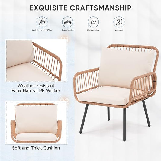 Verano Garden 4 Pieces Patio Balcony Furniture Set, Outdoor Wicker Patio Conversation Set, Patio Sectional Table and Chairs Set of 4 with Cushion, Pillow & Table (Cream White, 4PCS Conversation Set)