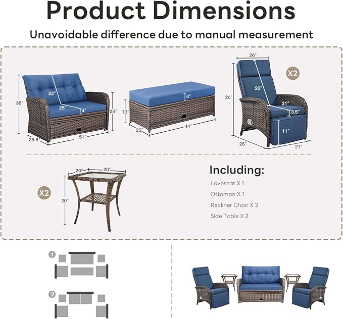 Belord Patio Furniture Set - 6-Piece Wicker Loveseat Outdoor Daybed Furniture Set with Recliner Lounge Chairs Set of 2 - Photo 2