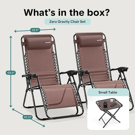 SereneLife Outdoor Zero Gravity Lounge Chair Set with Table – 2 Adjustable Recliners with Cup Holders, Headrest, Steel Frame & Foldable Design for Patio, Pool, Garden, or Camping