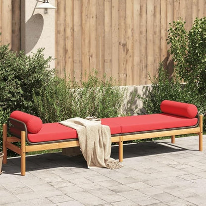 Brown and Red PE Rattan Patio Bench with Removable Cushion Covers, 2-Piece Outdoor Seating Set with Acacia Wood Legs and Steel Frame for Garden Balcony Terrace