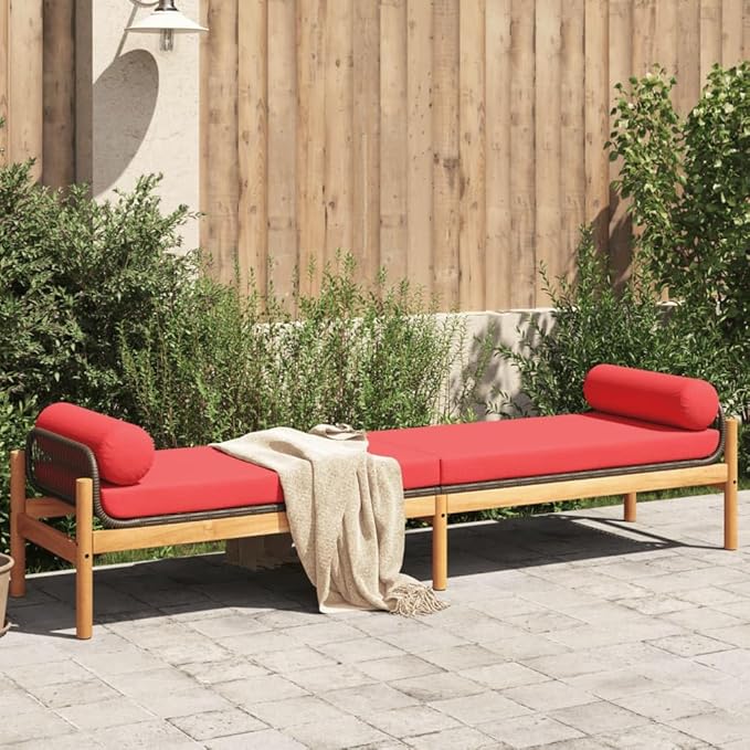 Brown and Red PE Rattan Patio Bench with Removable Cushion Covers, 2-Piece Outdoor Seating Set with Acacia Wood Legs and Steel Frame for Garden Balcony Terrace