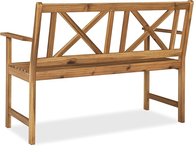 Outdoor Garden Bench Wood Bench in Natural Acacia Wood with Cross Back Design, Patio Dining Furniture for Front Porch, Patio, Lawn, Balcony, Yard, Porch, 47.2" x 24" x 35.4"