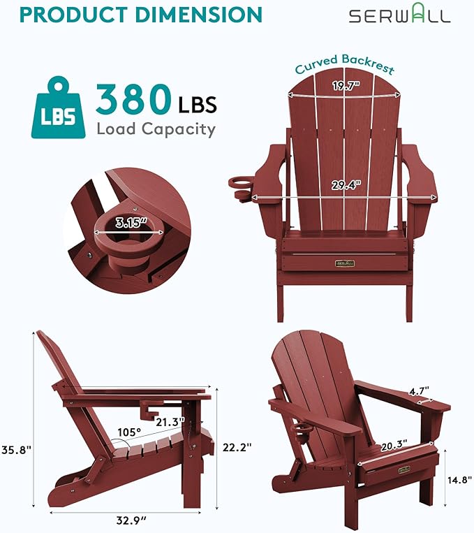SERWALL Foldable Adirondack Chair Set of 4, Weather Resistant HIPS Patio Chairs with Cup Holder for Patio Garden Outdoors Fire Pit Chairs- Red