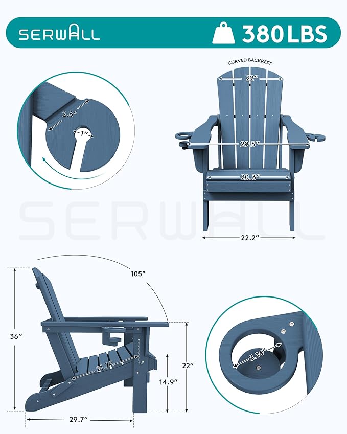 SERWALL Folding Adirondack Chair, Dual Cup Holders & All-Weather HDPE, Wood-Like Patio Chair-Navy