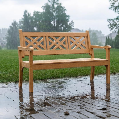 Psilvam 54''W All-Weather Poly Lumber Outdoor Bench, 3-Person Garden Bench with Decorative Backrest & Curved Armrests, Anti-Rot & Fade-Free Patio Bench for Porch, Backyard(Teak Color)