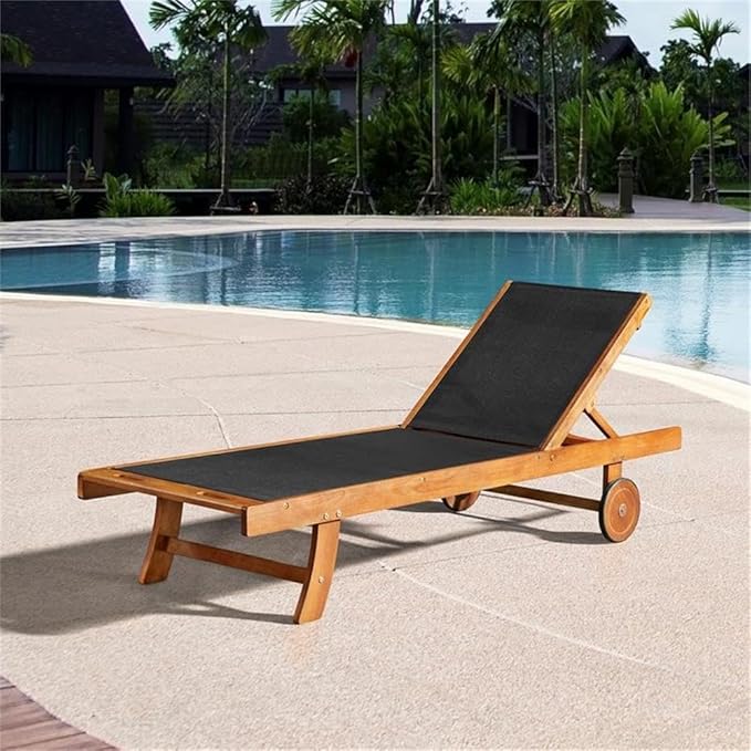 Caspian Adjustable 5-Position Eucalyptus Wood Outdoor Chaise Lounge Chair with Durable Mesh Seating, Patio Furniture
